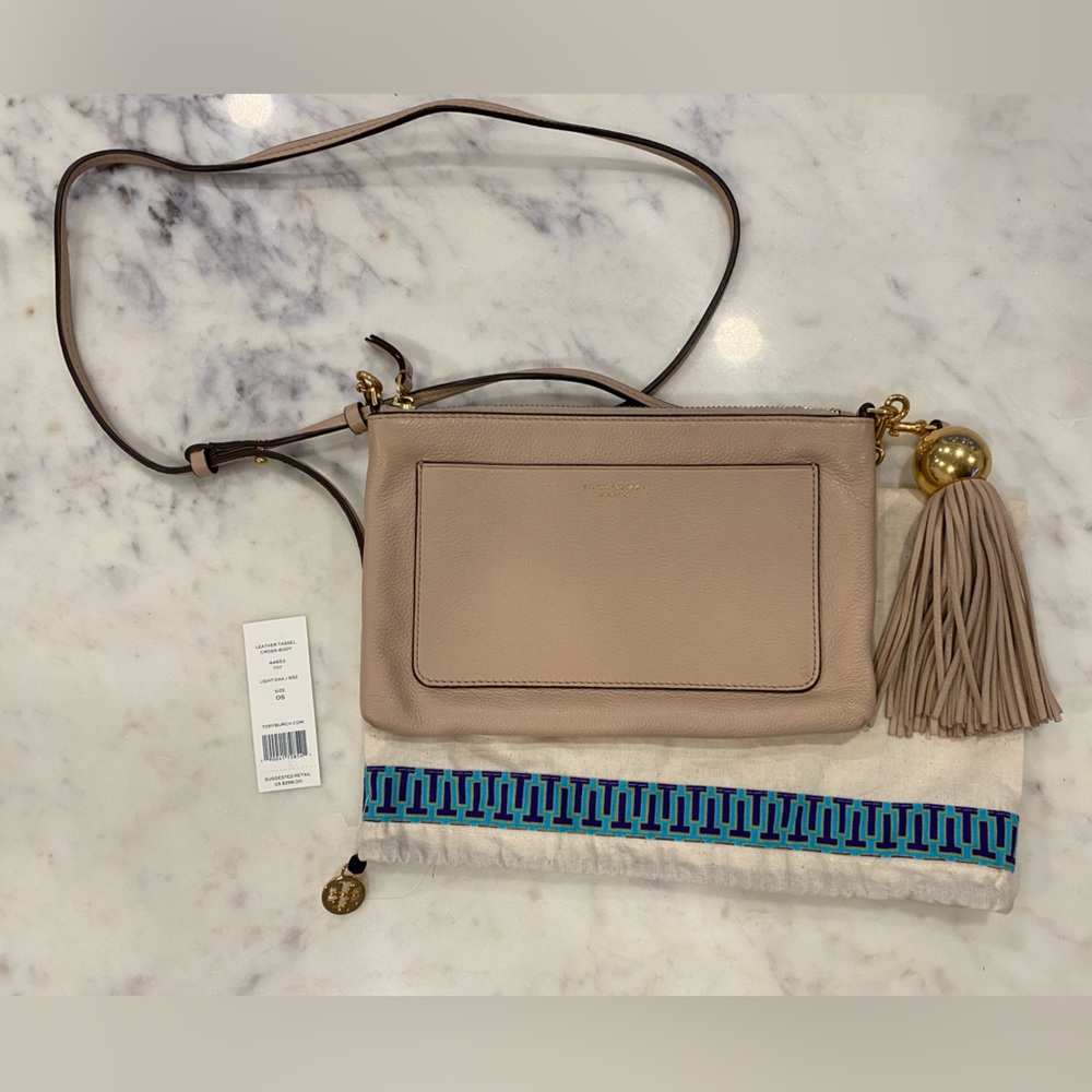 Tory Burch Leather Tassel Cross-Body - Light Oak